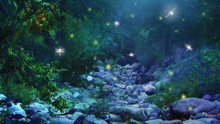 Fireflies - fireflies, forest, night, blue, fantasy, river, stone, luminos, green