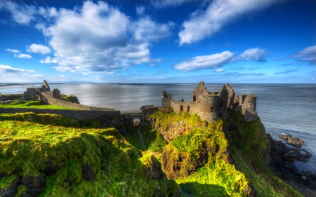 Northern Ireland Coastline - coast, white, beautiful, clouds, blue, green, medieval, sea, grass, ruined castle