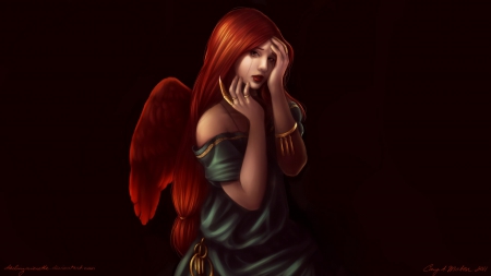 Angel - wings, red, fantasy, black, girl, woman, redhead, angel