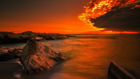 Sunset - nature, horizon, beach, ocean, rocks