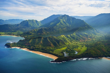 Garden Isle - Kauai, beach, beautiful, sea, grass, sand, islands, Hawaii, green, paradise, mountains