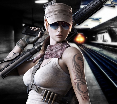 Warrior Girl-Metro - metro, warrior, tattoos, gun, girl, arms, sunglasses