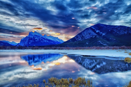 Canada - lake, mountain, snow, winter, twilight