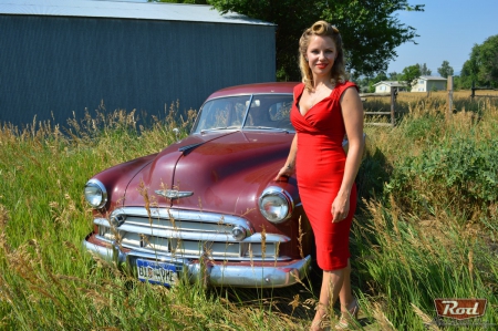 Beauty & Hotrod - classic, red dress, model, outdoors