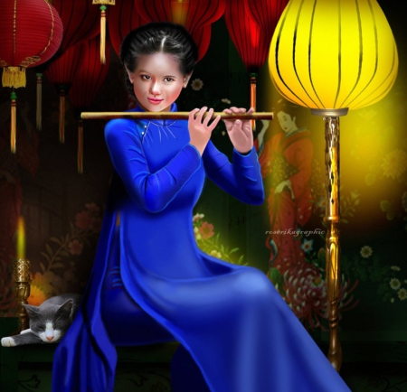 Japonaisebleue - fantasy, oriental, blue, flute