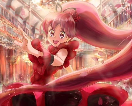 Cherry Flamenco - pretty, anime, female, scene, dress, long hair, happy, red hair, red, dancing, nice, smiling, anime girl, dancer, beautiful, girl, beauty, lovely, sweet, pretty cure, smile, redhead, precure, magical girl, dance, cure lovely