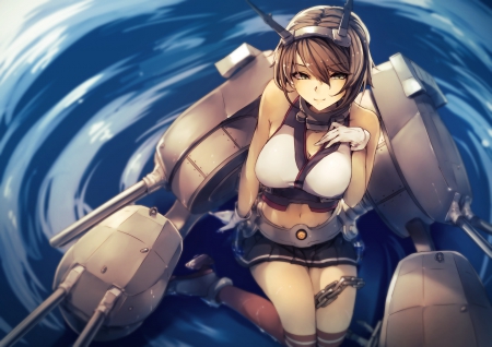 Mutsu - nice, female, hot, anime girl, kantai collection, armor, brown hair, pretty, anime, short hair, sexy, girl, kantai, lovely, cg, hd, weapon, sweet, mutsu