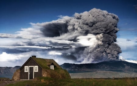 *Volcanic eruption* - house, eruption, forces, volcano, of, wooden, nature, roof, green, ash clouds, volcanic