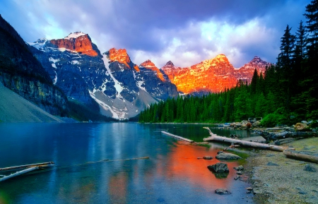 Moraine lake - lake, sky, moraine, landscape, mountain, hills, trees, shore, rocks, serenity, nature, reflection, clouds, tranquil, beautiful