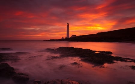 Lighthouse Sunset in Angus, Scotland - sunsets, nature, oceans, lighthouses