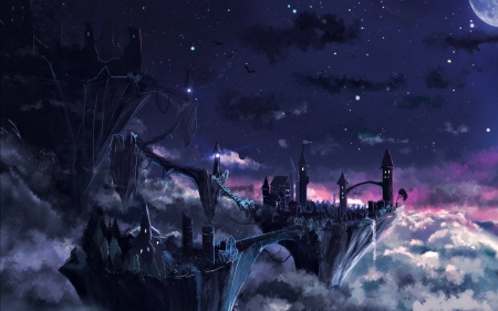 City in the sky - cer, moon, blue, nori, oras, city, night, fantasy, purple, cloud, sylar113, art, castle, luminos, sky