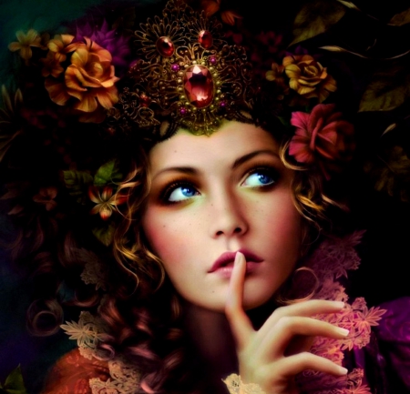 Secret - melaniedelon, portrait, beauty, flower, fantasy, secret, woman, face, art