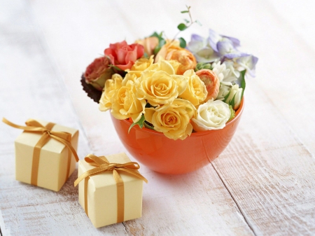 Happy Valentine's Day! - white, flower, box, rose, valentine, gift, orange, yellow