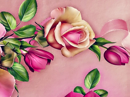 Roses - pink, green, texture, rose, bud, flower