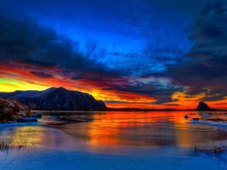 Beach Sunset - rock, coast, evening, sunset, mountain