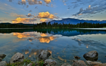 Clouds Reflecting In The Mountain Lake - nature, lake, landscape, mountain, reflection, clouds