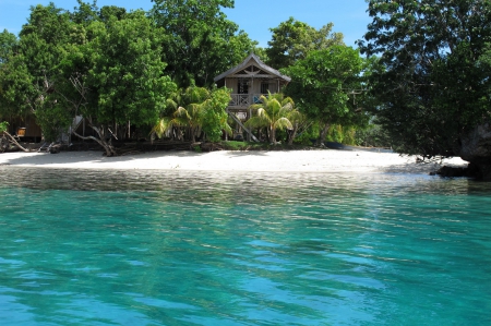 Hidden House On Tropical Beach - beach, trees, paradise, palms, tropical, summer, beautiful, island, house, sea