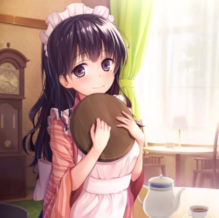 May I Help U - pretty, anime, kawaii, female, window, cafe, scene, dress, clock, long hair, curtain, nice, apron, anime girl, beautiful, restraurant, girl, table, beauty, lovely, brown hair, maid, sweet, chair, tray, black hair, cute, adorable