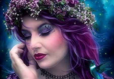 Love in Memories - woman, photomanipulation, models, emotional, lovely, fantasy, creative pre-made, love four seasons, purple, digital art, hummingbird, weird things people wear, beautiful, beloved valentines, flowers