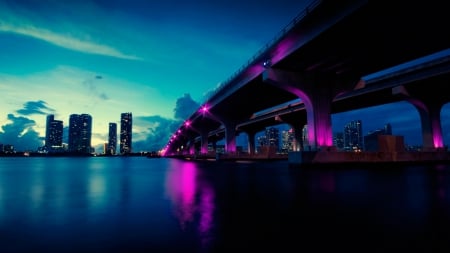 Miami Bridges - skyline, nighttime, architecture, miami, bridges, coastal