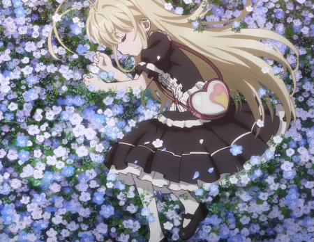 Dreamy - pretty, female, blossom, lolilta, blond, nice, sleeping, beauty, flower, petals, sleep, cute, floral, anime, kawaii, sleepy, blonde, blond hair, bag, long hair, dream, dreaming, febrie, anime girl, to aru kagaku no railgun, beautiful, girl, blonde hair, lovely, sweet, railgun, adorable, dreamy