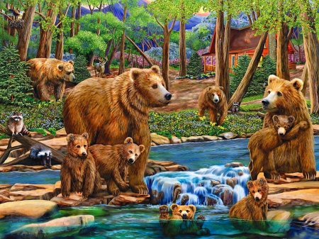 Bear gathering - house, trees, summer, stream, forest, family, bear, river, nature, gathering