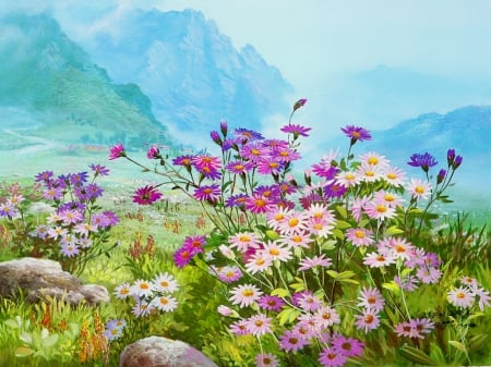 Spring in the mountain - meadow, flowers, spring, hills, art, sky, freshness, mountain, painting