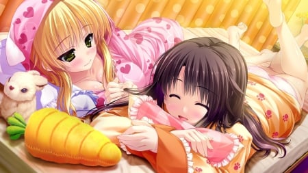 Bed Time - nice, bed, female, blond, anime girl, brown hair, laying, pajamas, blond hair, pretty, blonde hair, anime, cute, girl, adorable, long hair, lay, lovely, cg, hd, kawaii, sweet, bedroom, blonde