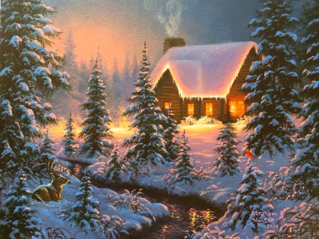 â˜…Winter Peacefulâ˜… - cottage, countryside, cottages, creek, painting, white trees, artwork, paintings, firs, attractions in dreams, winter, deer, lovely, nature, cardinals, love four seasons, snow, winter holidays, beautiful