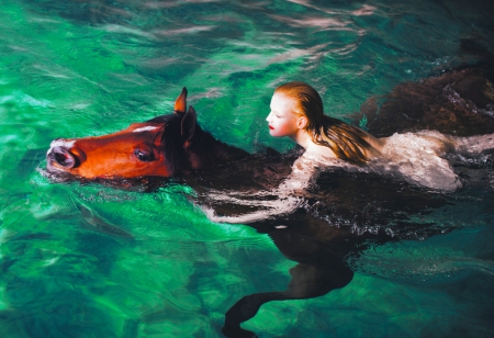 Swimming Beauties - water, beautiful, photography, girl, horse, fantasy, swimming, digital, woman, art