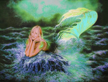 Green Mermaid - digital, beautiful, girl, art, fantasy, mermaid, sea, waves, woman, green