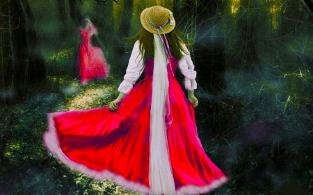 The Encounter - woman, costume, hat, serene, girl, fantasy, gown, art, red, beautiful, digital, dress