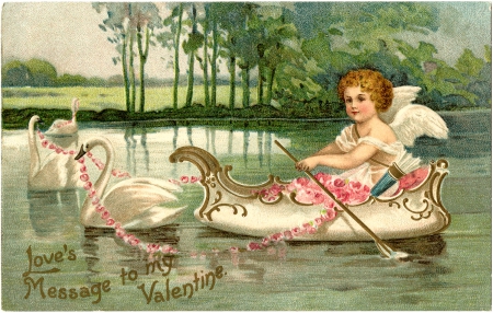 Happy Valentine's Day! - swan, angel, water, wings, child, valentine, bird, white, cupid, boy, pink, vintage, card, green, flower, boat