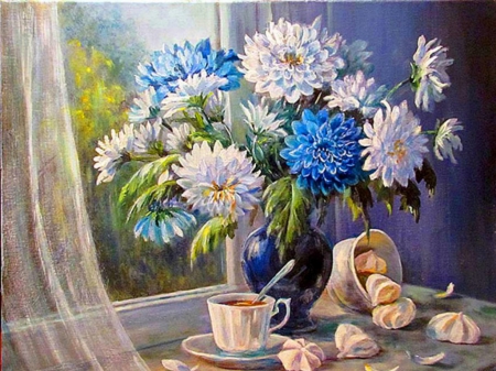 Home Sweet Home - morning, tea, bouquet, lovely, still life, vase, painting, home, window, biscuit