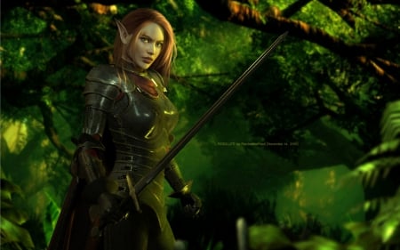 Elf girl - sword, forest, game, elf, girl, redhead, fantasy, woman, green