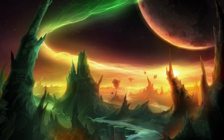 Fantasy world - luminos, green, orange, planet, fantasy, world