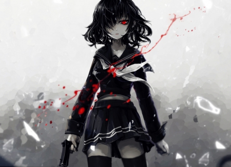 Anime Girl - Sailor Uniform, Skirt, Black Hair, Black, Red Eyes, Anime Girl, Anime, Blood, Long Hair, Short Hair, Gun, Seifuku, Wallpaper