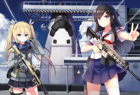 Anime Girls - Sailor Uniform, Skirt, Black Hair, Blonde Hair, Twintail, Anime, Anime GIrl, Gun, Seifuku, Wallpaper