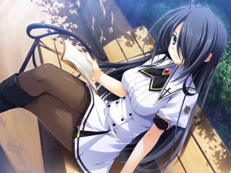 Setsuna Akatsuki - skirt, blue eyes, kourin no machi lavender no shoujo, park, bench, wallpaper, setsuna akatsuki, anime girl, book, seifuku, black hair, green eyes, kourin no machi, lavender no shoujo, anime, uniform