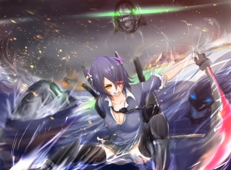 Tenryuu - Kantai Collection, Kantai, Anime Girl, Kancolle, Anime, Tenryuu, Long Hair, Purple Hair, Short Hair, Eyepatch, Yellow Eyes, Spiky Hair, Wallpaper, Collection, Sword