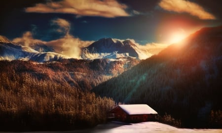 Winter Landscape - sky, sun, winter, sunset, nature, winter time, clouds, snow, house, cabin, sunrise