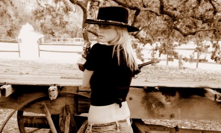 Ready For Action - wagon, cowgirl, guns, hat