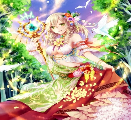 Goddess of Mercy - pretty, cute, game, wand, girl, cg, goddess, card, long hair, fantasy, magic