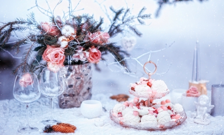 Winter Treats - winter, sweets, flowers, snow