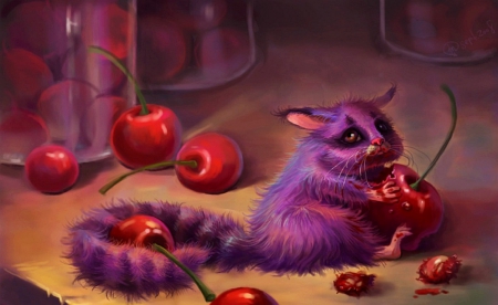 Cherry Thief - cherries, animal, cherry, cute, thief, jar