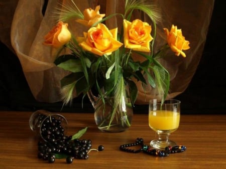 Sunshine - drink, glass, flowers, still life, rose, fruit, vase