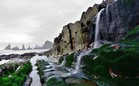 Waterfall at Playa de Gairua, Spain - mossy, nature, spain, waterfall, rocks