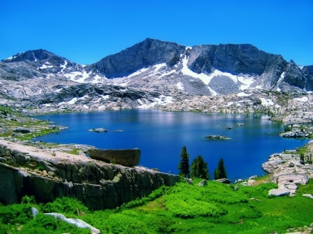 Blue mountain lake - blue, beautiful, landscape, grass, reflection, mountain, lake, sky, rocks