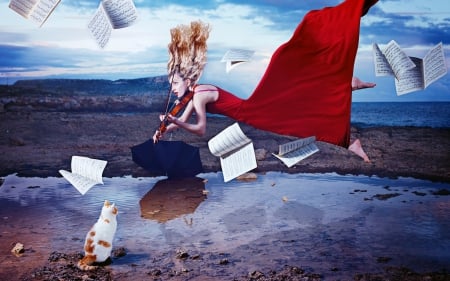 Violin concerto - paper, red, situation, instrument, water, violin concerto, girl, dress, blue, fantasy, woman