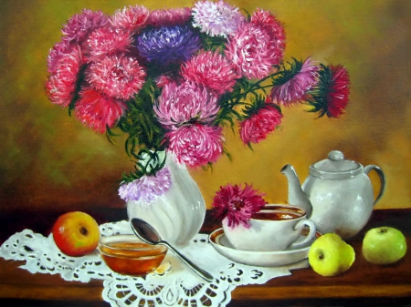 Afternoon tea - pretty, vase, coffee, beautiful, tea, lovely, still life, tea time, bouquet, harmony, flowers, afternoon, elegance, fruits